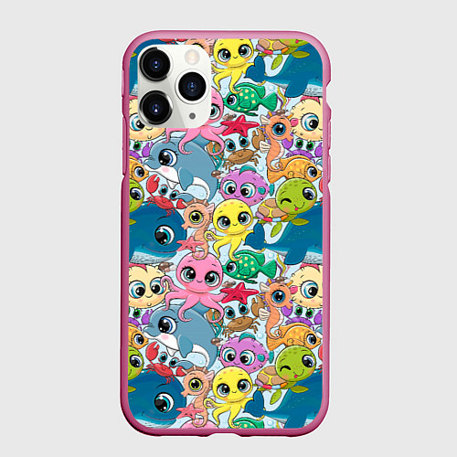 Чехол iPhone 11 Pro матовый Мультяшные обитатели морей / 3D-Малиновый – фото 1