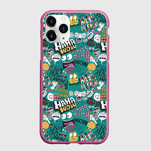 Чехол iPhone 11 Pro матовый Ха-ха ничего себе - паттерн с рожицами / 3D-Малиновый – фото 1