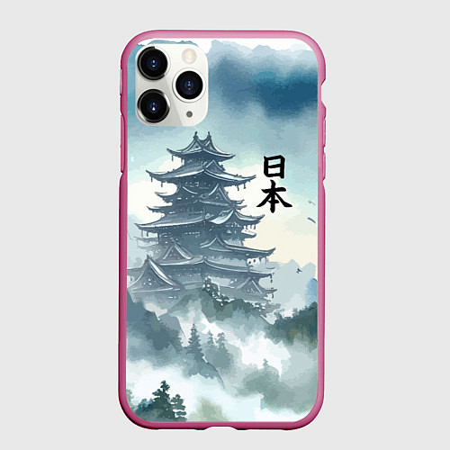 Чехол iPhone 11 Pro матовый Японская пагода в тумане - нейросеть / 3D-Малиновый – фото 1