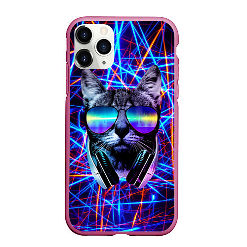 Чехол iPhone 11 Pro матовый Cat DJ neon / 3D-Малиновый – фото 1