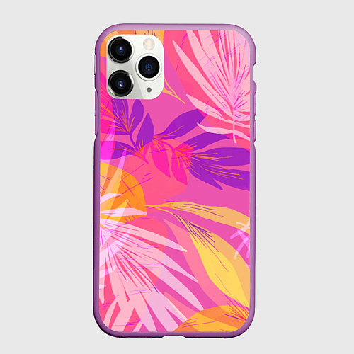 Чехол iPhone 11 Pro матовый Летний фон с цветными листьями в акварельном стиле / 3D-Фиолетовый – фото 1