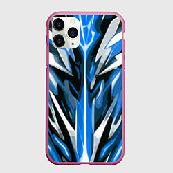 Чехол iPhone 11 Pro матовый Хаотичная сине-белая абстракция на чёрном фоне, цвет: 3D-малиновый