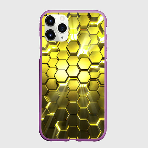 Чехол iPhone 11 Pro матовый Золотые соты / 3D-Фиолетовый – фото 1