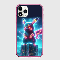 Чехол iPhone 11 Pro матовый Пикадзила на крыше небоскрёба - неоновое свечение: