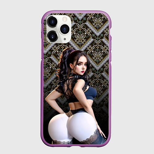 Чехол iPhone 11 Pro матовый Сексуальная девушка в белом обтягивающем белье / 3D-Фиолетовый – фото 1