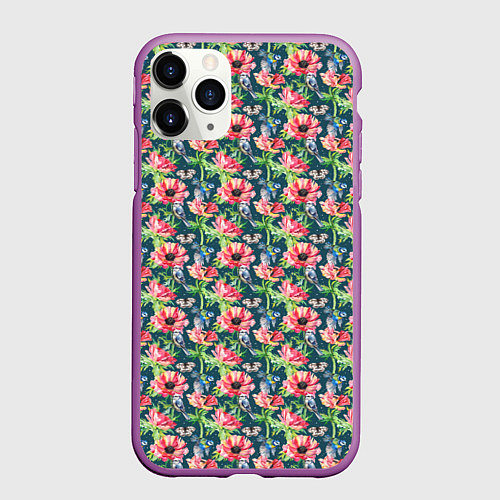 Чехол iPhone 11 Pro матовый Маки и синицы паттерн / 3D-Фиолетовый – фото 1