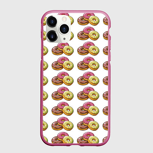 Чехол iPhone 11 Pro матовый Пончики-фастфуд паттерн / 3D-Малиновый – фото 1