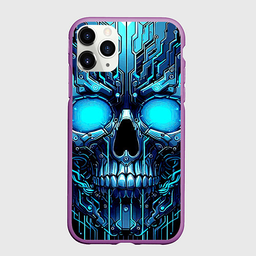 Чехол iPhone 11 Pro матовый Неоновый кибер череп - нейроарт микросхема / 3D-Фиолетовый – фото 1