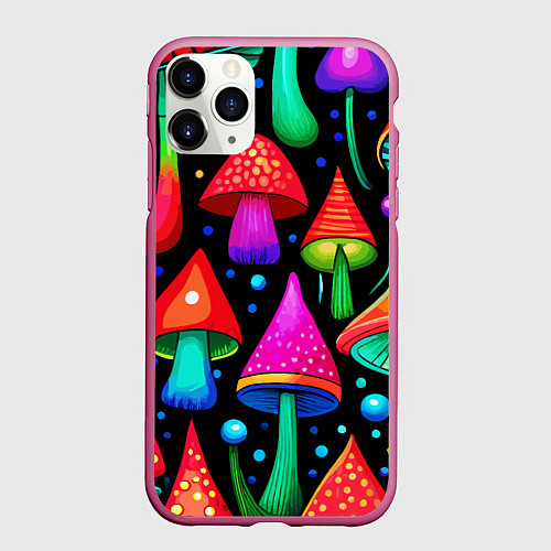 Чехол iPhone 11 Pro матовый Неоновые мухоморы в горошек / 3D-Малиновый – фото 1