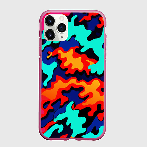 Чехол iPhone 11 Pro матовый Разноцветный кислотный камуфляж / 3D-Малиновый – фото 1