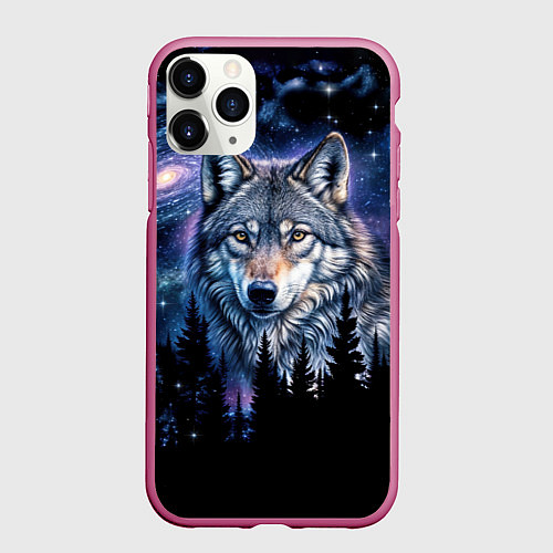 Чехол iPhone 11 Pro матовый Волк и черный лес - звездная ночь - галактика / 3D-Малиновый – фото 1