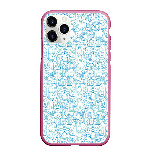 Чехол iPhone 11 Pro матовый Дудл - паттерн звери рисованные лайнарт / 3D-Малиновый – фото 1