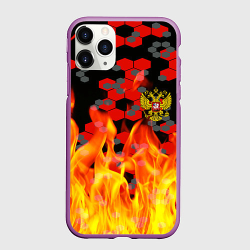 Чехол iPhone 11 Pro матовый Герб РФ броня в огне / 3D-Фиолетовый – фото 1