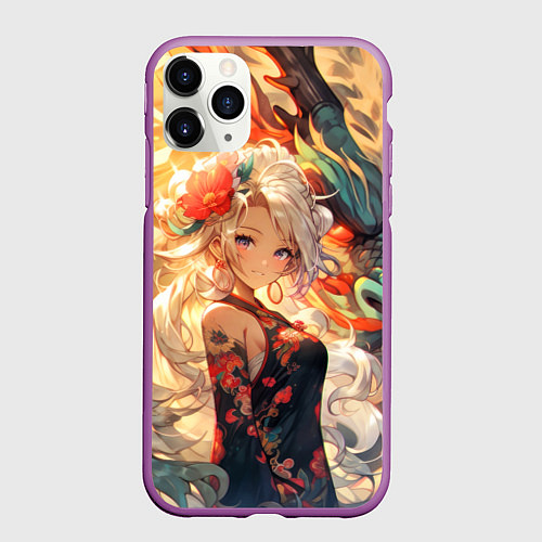 Чехол iPhone 11 Pro матовый Девушка аниме с драконом / 3D-Фиолетовый – фото 1