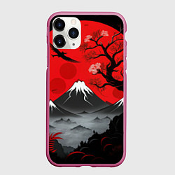Чехол iPhone 11 Pro матовый Япония сакура и горы, цвет: 3D-малиновый