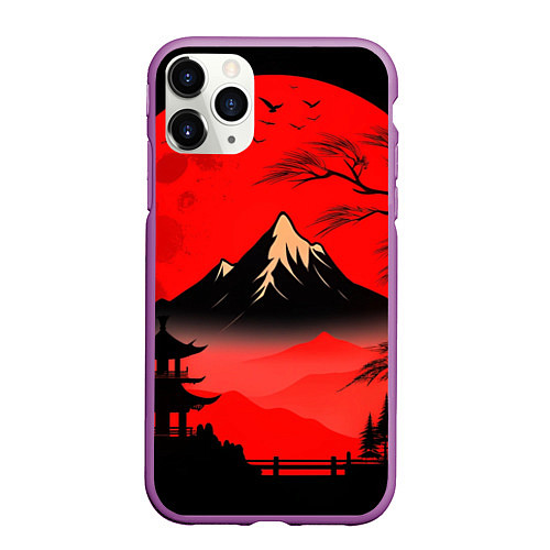Чехол iPhone 11 Pro матовый Красный закат и горы / 3D-Фиолетовый – фото 1