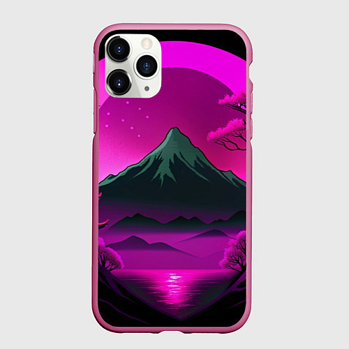 Чехол iPhone 11 Pro матовый Темная гора в фиолетовом закате Япония / 3D-Малиновый – фото 1