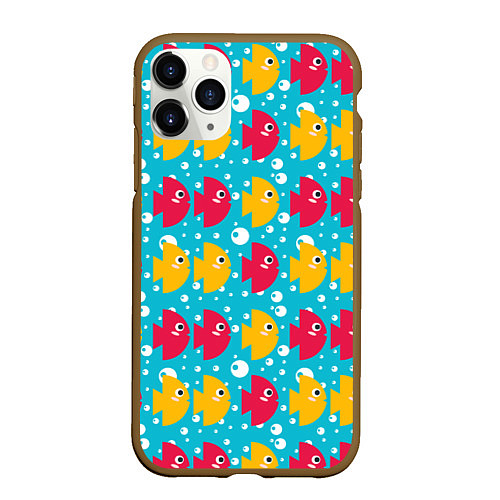 Чехол iPhone 11 Pro матовый Паттерн с розовыми и желтыми рыбками / 3D-Коричневый – фото 1