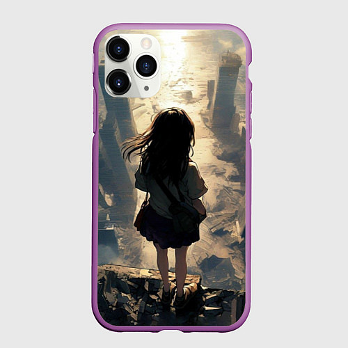 Чехол iPhone 11 Pro матовый Девушка и город / 3D-Фиолетовый – фото 1