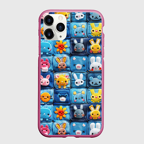 Чехол iPhone 11 Pro матовый Пэчворк с кроликами / 3D-Малиновый – фото 1