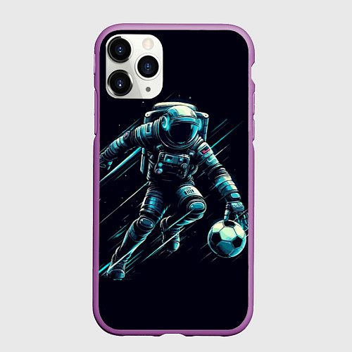 Чехол iPhone 11 Pro матовый Космонавт играет в футбол в космосе / 3D-Фиолетовый – фото 1