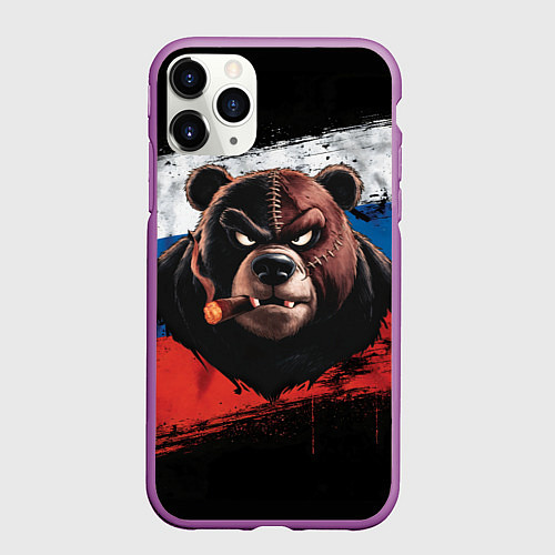 Чехол iPhone 11 Pro матовый Медведь на фоне российского флага / 3D-Фиолетовый – фото 1