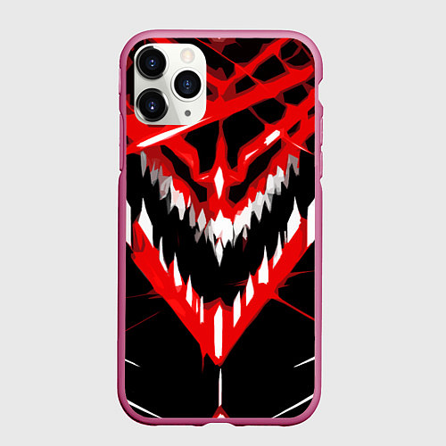 Чехол iPhone 11 Pro матовый Красно-белая пасть на чёрном фоне / 3D-Малиновый – фото 1