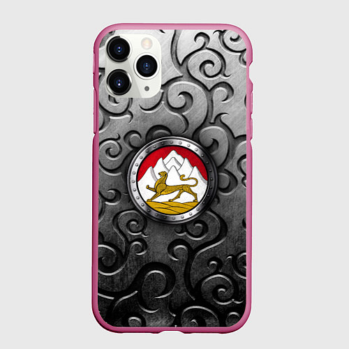 Чехол iPhone 11 Pro матовый Металический орнамент и герб Осетии / 3D-Малиновый – фото 1