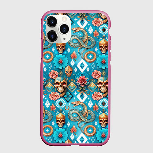 Чехол iPhone 11 Pro матовый Паттерн змеи и черепа / 3D-Малиновый – фото 1