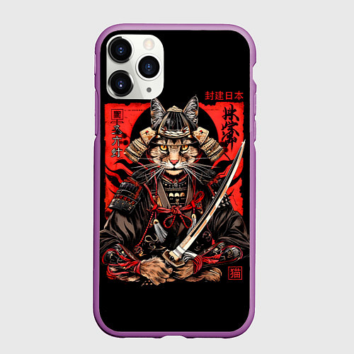 Чехол iPhone 11 Pro матовый Кот самурай - гравюра / 3D-Фиолетовый – фото 1