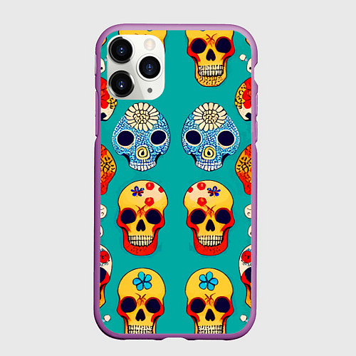 Чехол iPhone 11 Pro матовый Летний паттерн из цветных мексиканских черепков - / 3D-Фиолетовый – фото 1