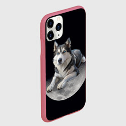 Чехол iPhone 11 Pro матовый Хаски на луне, цвет: 3D-малиновый — фото 2