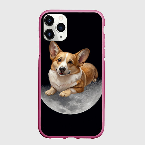 Чехол iPhone 11 Pro матовый Корги и луна / 3D-Малиновый – фото 1