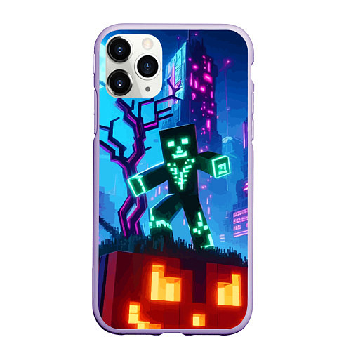 Чехол iPhone 11 Pro матовый Minecraft and halloween - neon glow / 3D-Светло-сиреневый – фото 1