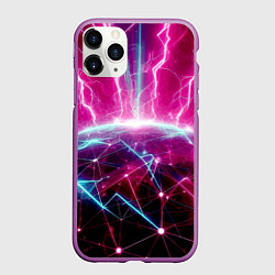 Чехол iPhone 11 Pro матовый Неоновые молнии ударяют в планету - нейроарт, цвет: 3D-фиолетовый