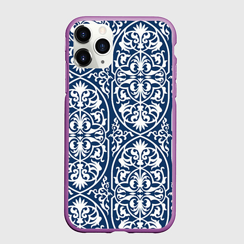 Чехол iPhone 11 Pro матовый Геометрический узор арабеска бело-синий / 3D-Фиолетовый – фото 1