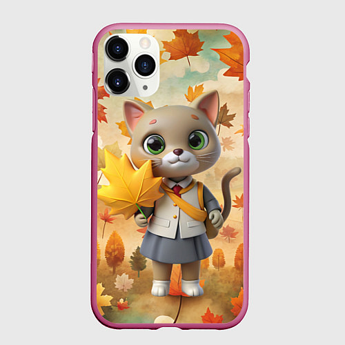 Чехол iPhone 11 Pro матовый Кошечка школьница / 3D-Малиновый – фото 1