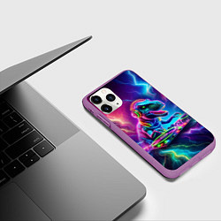 Чехол iPhone 11 Pro матовый Tyrannosaur DJ - neon glow, цвет: 3D-фиолетовый — фото 2