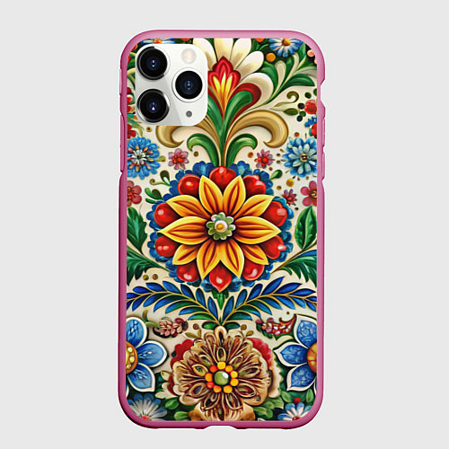 Чехол iPhone 11 Pro матовый Русские классические узоры и орнамент / 3D-Малиновый – фото 1