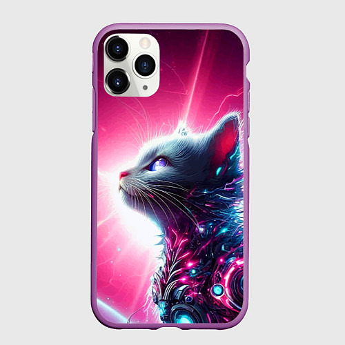 Чехол iPhone 11 Pro матовый Космический кибер котёнок - неоновое свечение / 3D-Фиолетовый – фото 1