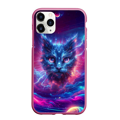 Чехол iPhone 11 Pro матовый Морда космического кота - неоновое свечение / 3D-Малиновый – фото 1