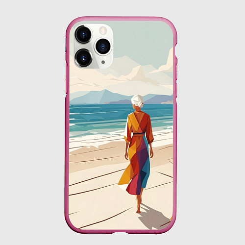 Чехол iPhone 11 Pro матовый Летний пейзаж с женщиной на пляже / 3D-Малиновый – фото 1
