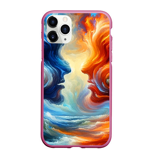 Чехол iPhone 11 Pro матовый Профили парня и девушки - две стихии / 3D-Малиновый – фото 1