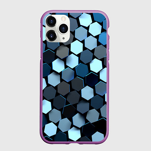 Чехол iPhone 11 Pro матовый Голубые соты с бликом / 3D-Фиолетовый – фото 1