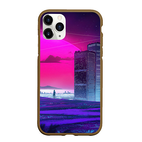 Чехол iPhone 11 Pro матовый Synthwave неоновый город / 3D-Коричневый – фото 1