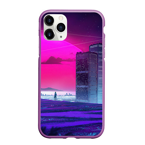 Чехол iPhone 11 Pro матовый Synthwave неоновый город / 3D-Фиолетовый – фото 1