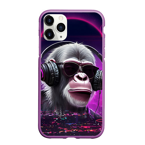 Чехол iPhone 11 Pro матовый DJ monkey - Neon city / 3D-Фиолетовый – фото 1