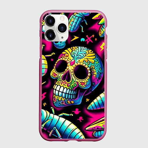 Чехол iPhone 11 Pro матовый Мексиканский череп и личинки насекомых - нейроарт / 3D-Малиновый – фото 1