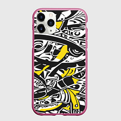 Чехол iPhone 11 Pro матовый Черно-желтый орнамент, цвет: 3D-малиновый
