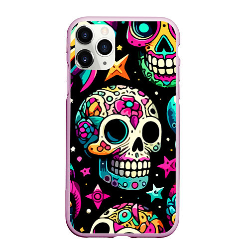 Чехол iPhone 11 Pro матовый Space collage with skulls and rockets - ai art / 3D-Розовый – фото 1